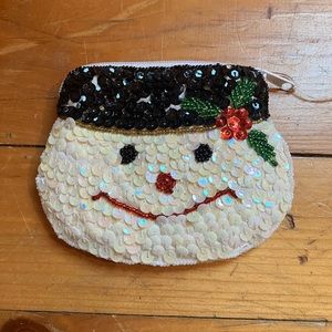 Snowman  2 Sided Beaded Zipper Satin Lining Coin Durable Purse Xmas Lee Sands
